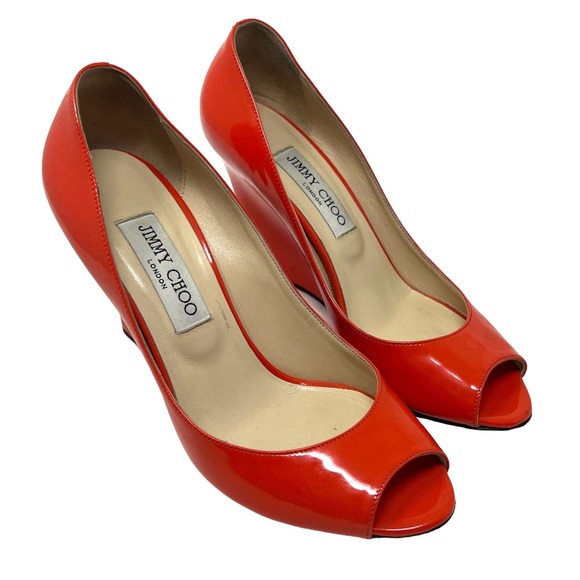 Jimmy Choo Patent Leather Orange Red Wedge Peep Toe Heels - Picture 1 of 9
